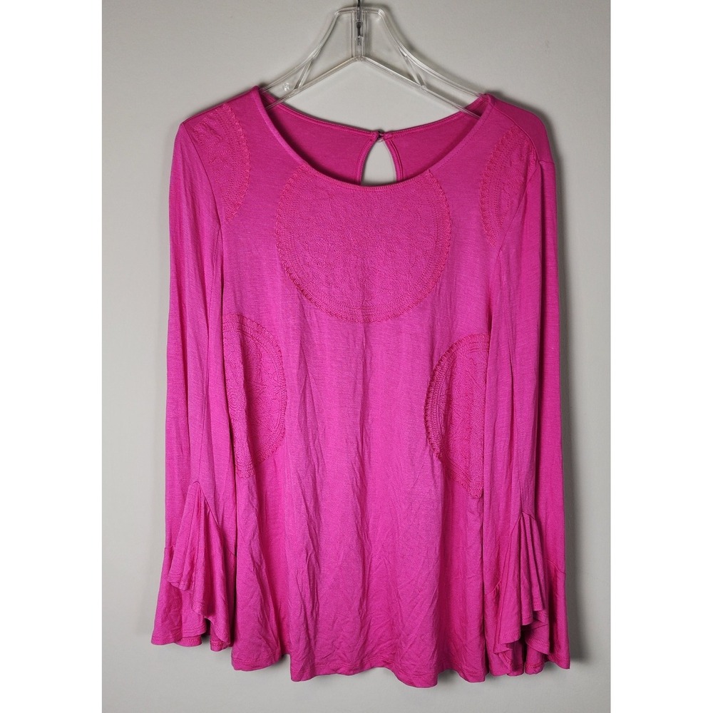 Pink Long Sleeve‎ Top Bell Sleeve Crochet Details Women's Blouse